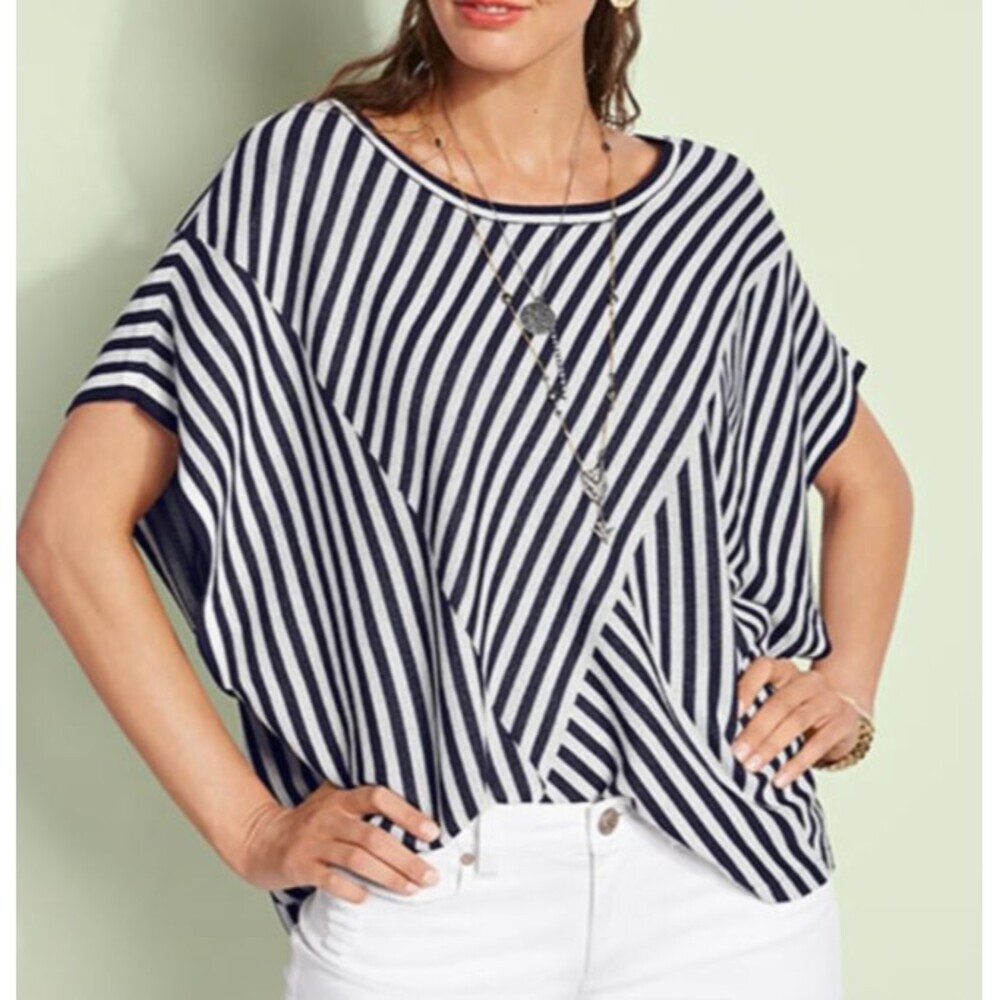 Cabi Women's Striped Siesta Poncho Top Navy Blue White